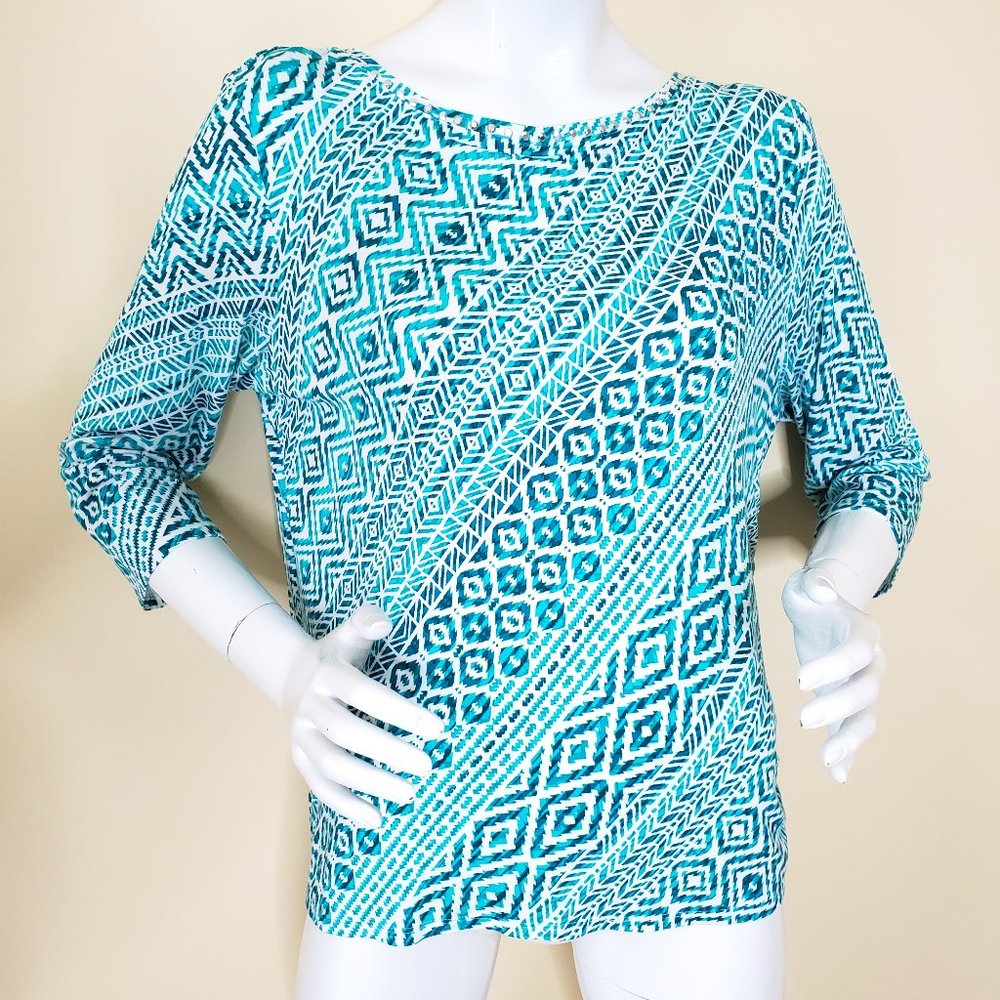 Ruby Red Women's Teal 3/4 Sleeve Jeweled Neckline Printed Top SZ PXL